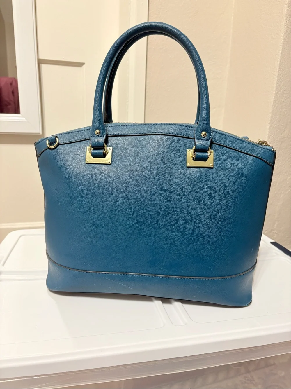 Anne Klein Blue New Recruits Structured Dome Tote Satchel with Gold Medallion